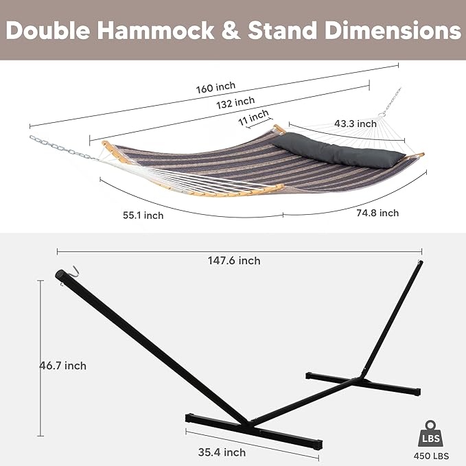 SUNCREAT Hammocks for Outside with Stand Included, Double Hammock with Curved Spreader Bar, Carrying Bag, Gray Stripes