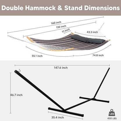 SUNCREAT Hammocks for Outside with Stand Included, Double Hammock with Curved Spreader Bar, Carrying Bag, Gray Stripes