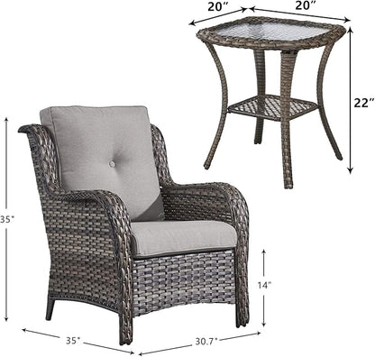 Rilyson Patio Bistro Set Wicker Chairs - 3 Piece Outdoor Rattan Conversation Set with 2 Armrest Chair and 1 Side Table for Proch Deck Garden Backyard Balcony(Mixed Grey/Grey)