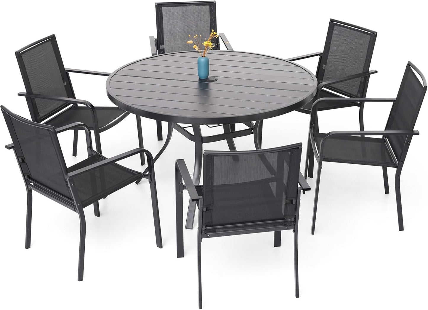 7-Piece Outdoor Dining Set, 48'' Round Table with 6 Stackable Chairs All Weather Furniture Set - Black