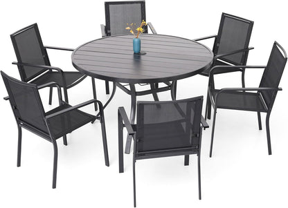 7-Piece Outdoor Dining Set, 48'' Round Table with 6 Stackable Chairs All Weather Furniture Set - Black