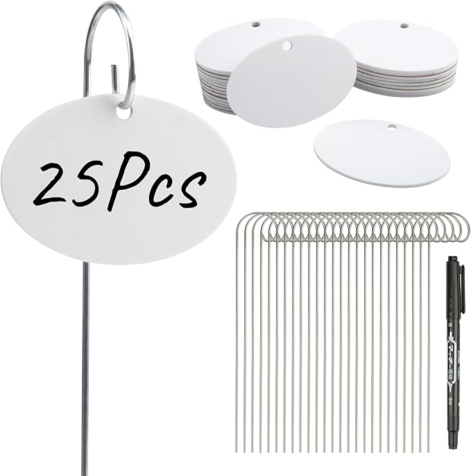 Temlum Plant Labels with Marker Pen, 25 Pcs Plant Garden Markers Garden Label Stakes Plant Sign Tags for Outdoor Plants, Flowers, Herbs, Seed (White)