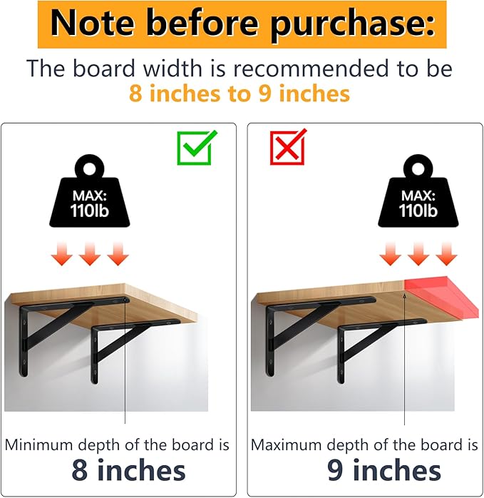 Heavy Duty Shelf Brackets, 8 in X 5 in Wall Mount L Steel Bracket for Floating Shelf, Black, 4 Pack