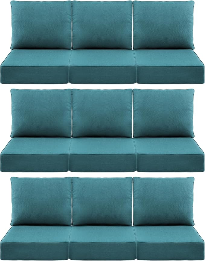 Luxury 6" Outdoor Cushions for Patio Furniture, 24x24x6" Thick Seat Cushion Set of 9, Fade Resistant Couch Chair Replacement Cushions High Density Deep Wicker Chair Cushion w/ Removable Cover, Green