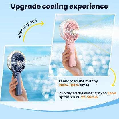 HandFan Upgraded Portable Handheld Misting Fan, Rechargeable Personal Mister Fan, Spray Water Mist Fans, Foldable Electric Mini Cooling Hand Fans for Summer Beach Travel Concerts Disney(Pink)