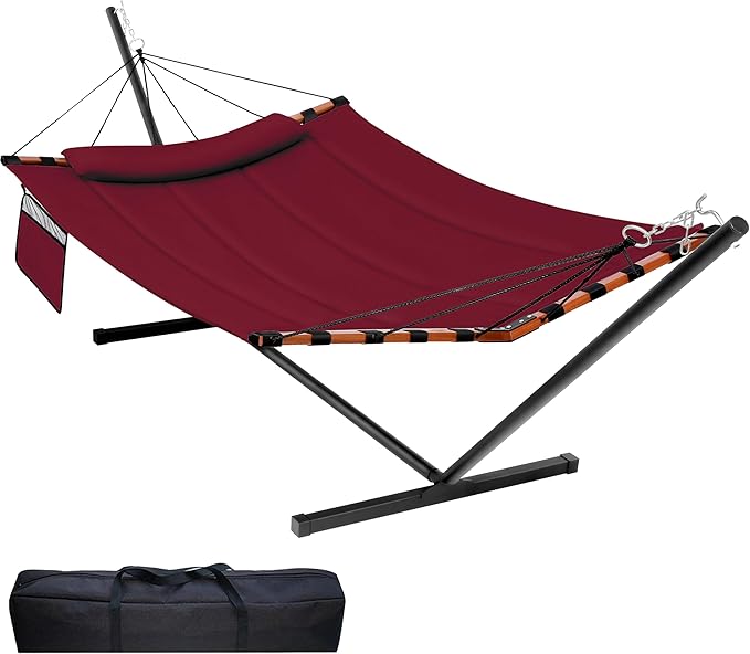 TegerDeger 12FT 2 Person Hammock with Stand Included 55 x 79IN Large Hammock 450LB Capacity with Hardwood Spreader Bar & Nylon Rope for Outside, Patio, Garden, Backyard, Beach - Red