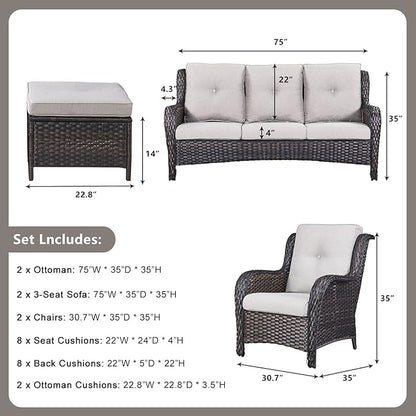 Rilyson Wicker Patio Furniture Set - 6 Piece Rattan Outdoor Sectional Conversation Sets with 2 Sofa,2 Armrest Chairs and 2 Ottomans for Porch Deck Garden(Brown/Beige)