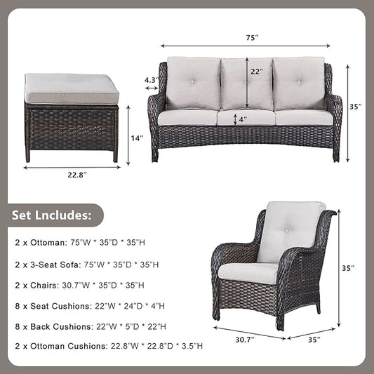 Rilyson Wicker Patio Furniture Set - 6 Piece Rattan Outdoor Sectional Conversation Sets with 2 Sofa,2 Armrest Chairs and 2 Ottomans for Porch Deck Garden(Brown/Beige)