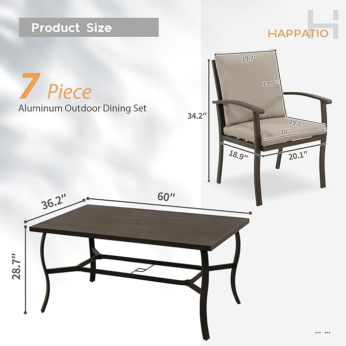 HAPPATIO 7 Piece Patio Dining Set, Aluminum Outdoor Dining Set for 6, Aluminum Dining Table and Chairs Set, Patio Furniture with Table, Chairs and Washable Cushions (Black)