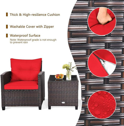 KOTEK 3 Piece Patio Furniture Set, Outdoor Conversation Set with Washable Cushions & Tempered Glass Tabletop, PE Rattan Wicker Bistro Set for Porch, Garden, Balcony (Red)