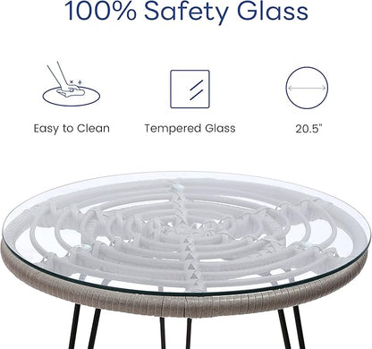 3 Piece Wicker Patio Bistro Furniture Set, Includes 2 Rattan Chairs and Glass Top Table, Ideal for Porch, Outdoor, Backyard, Apartment, Balcony, Grey