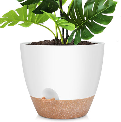 12 Inch Large Self Watering Plant Pot Set, Flower Pots with Multi-Mesh Drainage Holes and Saucer, Suitable for Indoor and Outdoor Garden Plants, White.