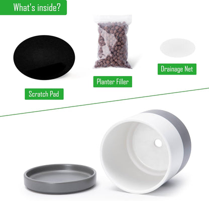 D'vine Dev 4.7 Inch & 6.5 Inch Ceramic Planter Pots for Plants with Drainage Hole and Saucer, Small Plant Pots Set, White/Speckled Grey, 94-G-S-6