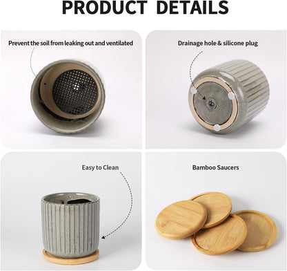 OMAYKEY 4 Inch Ceramic Plant Pot with Saucer, Creative Stripe Grey-Green Small Planters Pots with Drainage Hole and Mesh Pads for Succulent, Cactus, Herbs - Set of 4