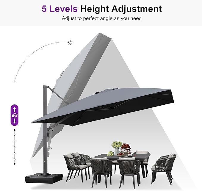 PURPLE LEAF 12 FT Square Patio Umbrella with Base Large Offset Hanging Outdoor Cantilever Umbrella Included Base for Garden Deck Backyard Pool Grey