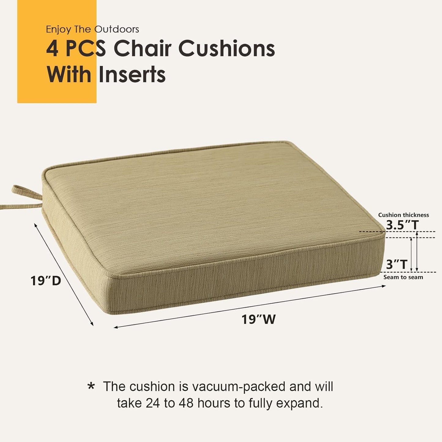 Outdoor Square Corner Seat Cushion, 19"x19"x3", Set of 4, Non Slip Seat Cushion Pads with Removable Cover for Patio Furniture, Garden Yard Lawn, Warm Taupe