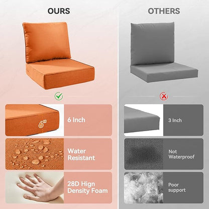Luxury 6" Outdoor Cushions for Patio Furniture, 24x24x6" Thick Seat Cushion Set of 9, Fade Resistant Couch Chair Replacement Cushions High Density Deep Wicker Chair Cushion w/ Removable Cover, Orange