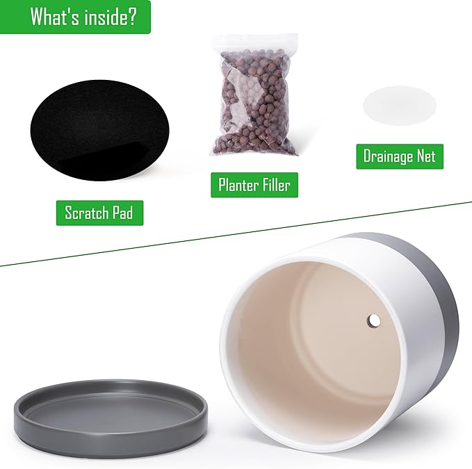 D'vine Dev 12 Inch Ceramic Planter Pot with Drainage Hole and Saucer, Indoor Cylinder Round Planter Pot, White/Speckled Grey, 94-O-F-6