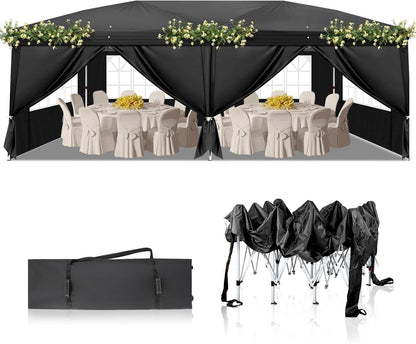 Outvita 10x20ft Pop Up Canopy Tent, Outdoor Instant Shelter Folding Canopy with 6 Side Walls and Carry Bag for Commercial Events, Party, Backyard BBQ, Camping Black