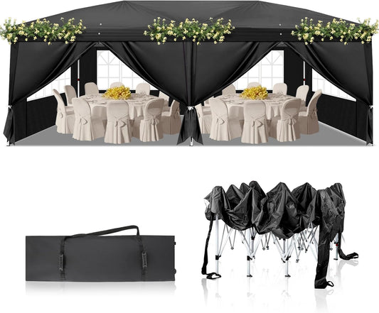 Outvita 10x20ft Pop Up Canopy Tent, Outdoor Instant Shelter Folding Canopy with 6 Side Walls and Carry Bag for Commercial Events, Party, Backyard BBQ, Camping Black