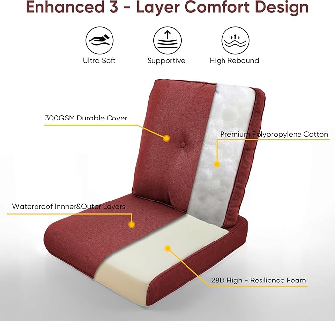 Outdoor Chair Cushions 3 Packs - Outside High Back Thick Water-Resistant Cushion 22x24 with Zipper Cover for Patio Glider Rocking Chairs Loveseat Couch – Red/Buckle