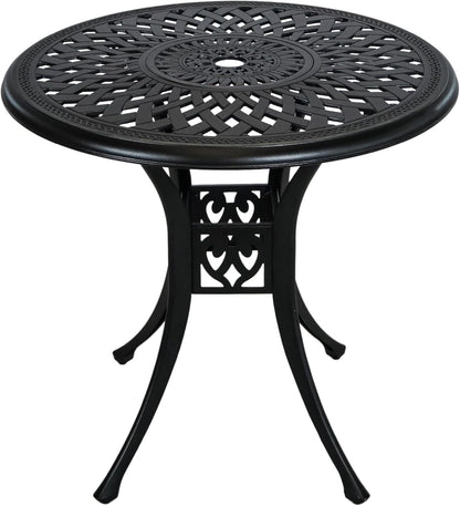 30.3 Inch Round Patio Table Cast Aluminum Patio Table,Metal Patio Dining Table with Umbrella Hole,All Weather Outdoor Bistro Dining Table for Backyard, Garden, Balcony, Black