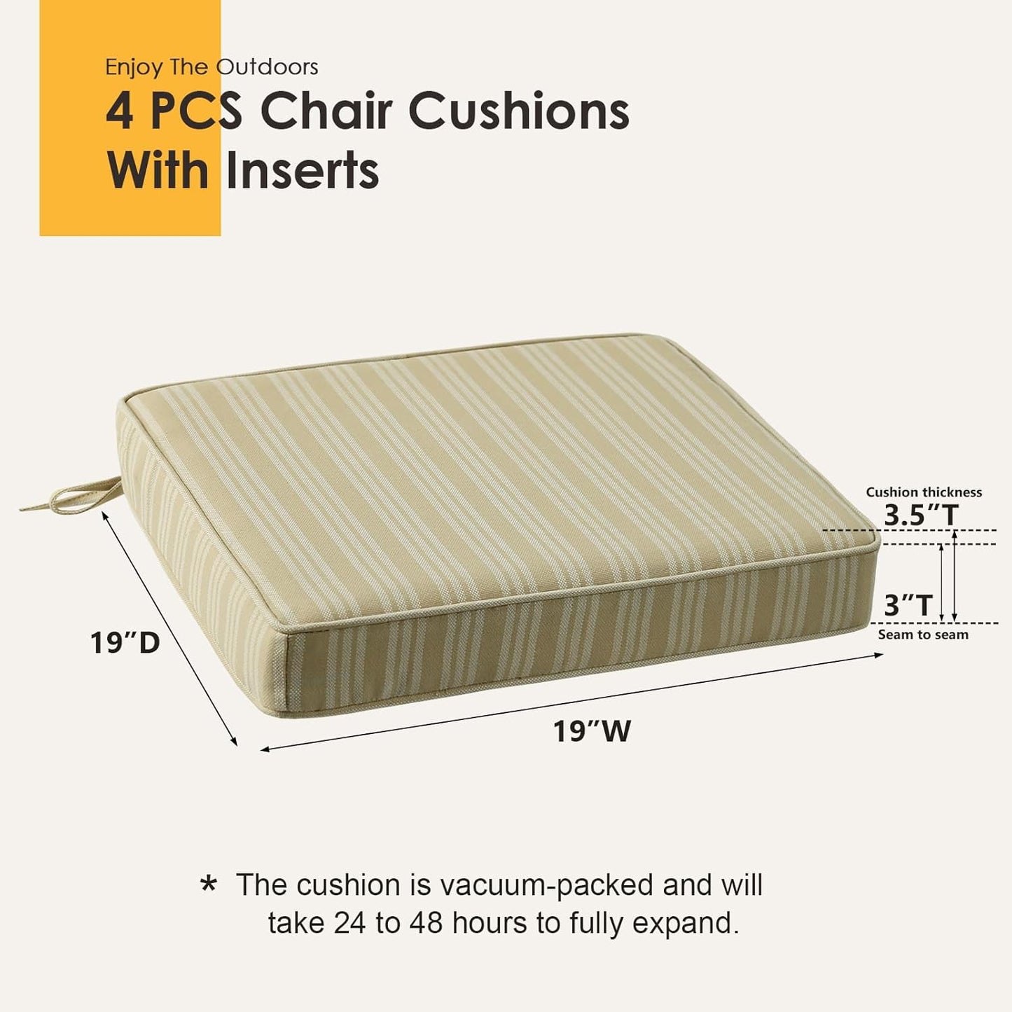 Outdoor Square Corner Seat Cushion, 19"x19"x3", Set of 4, Non Slip Seat Cushion Pads with Removable Cover for Patio Furniture, Garden Yard Lawn, Beige Brown Stripe