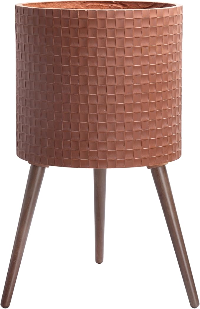 D'vine Dev 16 Inch Modern Geometric Tile Patterned Sleek Planter Pot with Stand, Indoor Outdoor Decorative Plant Holder, Terra Cotta, 88-Z-E-3