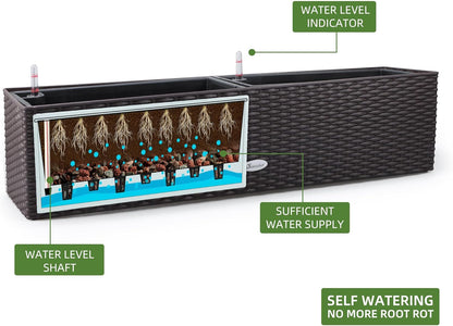 Dexceder 31.5 Inch Rattan Self Watering Planter Indoor Outdoor, Thickened Large Rail Flower Plant Pot Window Box with Water Level Indicators & Bracket (Brown)