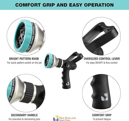 Heavy Duty Metal 10 Pattern Fireman’s Hose Nozzle 500003 with Lever Control and Comfort Grip by New England Garden Tools for Cleaning, Watering Plants & Yards, Washing Cars & Livestock