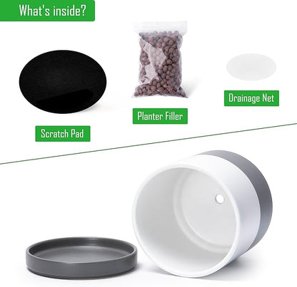 D'vine Dev Set of 2 Plants Pots, 8.2 Inch Ceramic Planter Pot for Plants with Drainage Hole and Saucer, White/Speckled Grey, 94-V-D-6