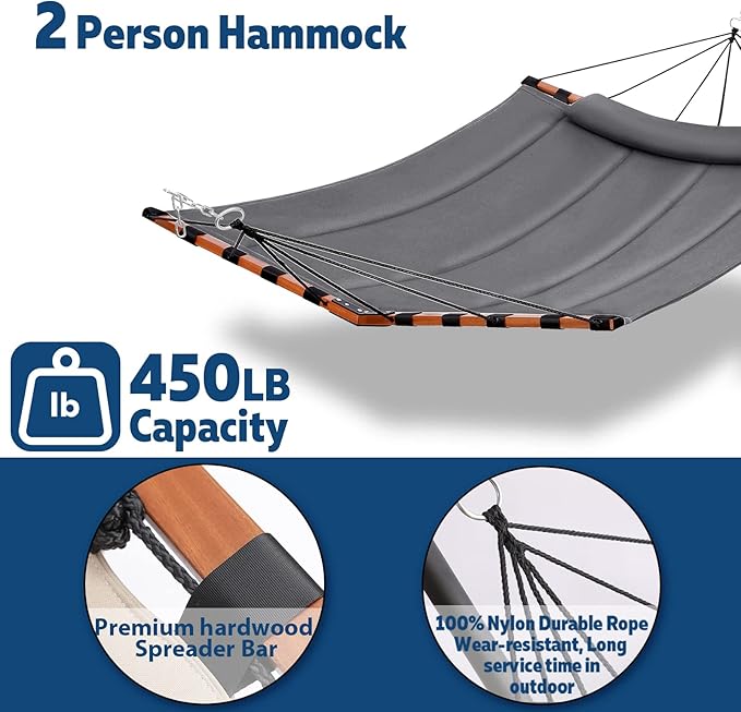 TegerDeger 12FT 2 Person Hammock Large Hammock 450LB Capacity with V Shaped Hardwood Spreader Bar & Nylon Rope for Outside, Patio, Garden, Backyard, Beach, Poolside - Gray