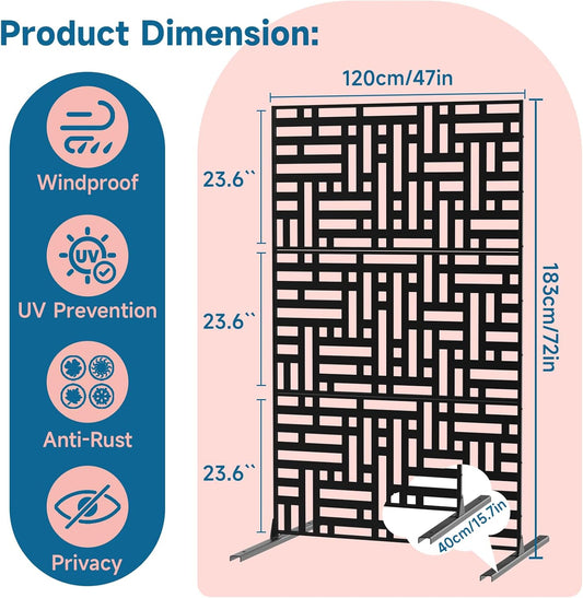 Metal Privacy Screen 72" H x 47.2" Decorative Outdoor Privacy Screen Privacy Panel with Stand for Balcony Deck Patio Lawn Garden, Privacy Fence (Black-Street)