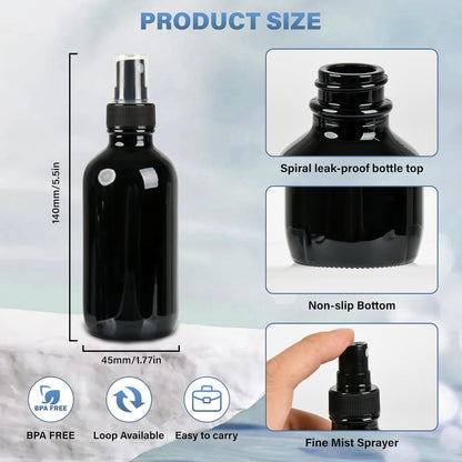 4 PCS, 4 oz Black Glass Mini Spray Bottles, Fine Mist, Refillable Containers for Cleaning Solutions and Skin Care