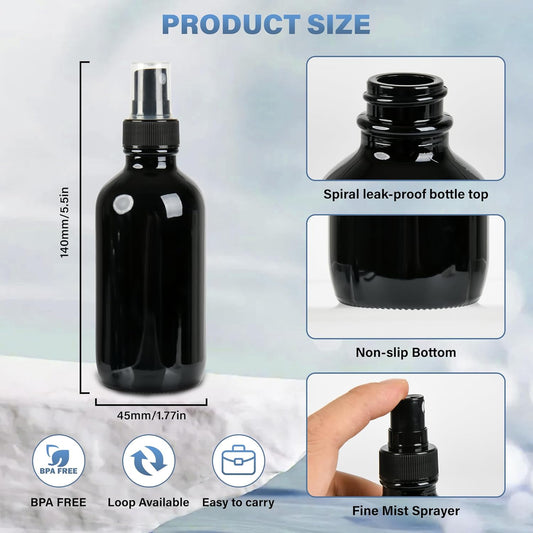 4 PCS, 4 oz Black Glass Mini Spray Bottles, Fine Mist, Refillable Containers for Cleaning Solutions and Skin Care