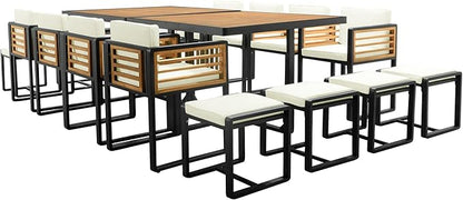 Merax 18 Pieces Outdoor Dining Set for 16 People, Acacia Wood Patio Furniture Sets with 2 Square Tables, 8 Cushioned Chairs and 8 Ottomans for Backyard, Garden, Lawn, Poolside, Beige
