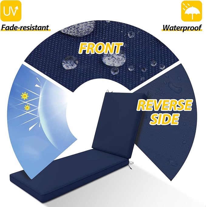 AAAAAcessories Outdoor Chaise Lounge Cushions, Waterproof, Fade-Resistant Patio Furniture Replacement Cushions, 72" x 21" x 3", Navy Blue