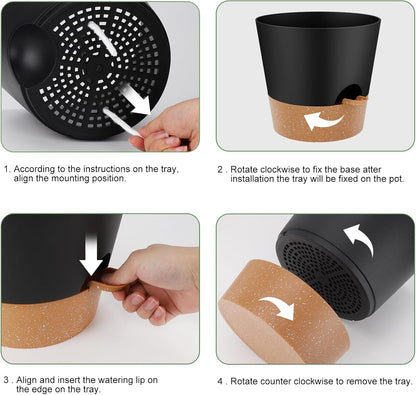 10-Inch Plant Pots, Self-Watering Planters with Drainage Holes & Saucers for Indoor and Outdoor Plants (2-Pack, Black)