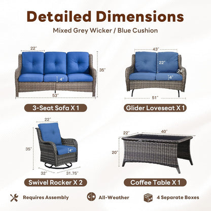 5 Piece Outdoor Patio Furniture Set - Outdoor Conversation Couch and Loveseat Glider Chair Furniture Set with Rattan Coffee Table for Deck Balcony Poolside Gray Wicker/Blue Cushions