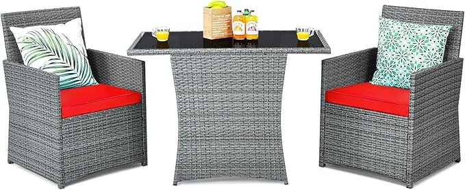 Tangkula 3 Pieces Patio Dining Set, Patiojoy Space-Saving PE Rattan Bistro Set with Tempered Glass Top Table and Cushioned Chairs, Outdoor Conversation Set for Garden, Backyard, Poolside, Porch (Red)