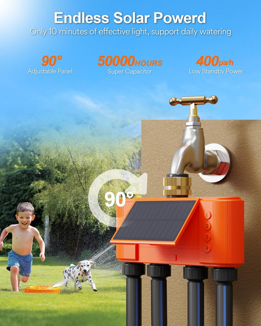 Lumary Solar WiFi Sprinkler Timer 4 Zone w/Water Flow Meter, Smart Water Timer for Garden Hose w/Adjustable 90° Panel, APP Automatic Irrigation Controller System for Lawns Yard, No Need Hub