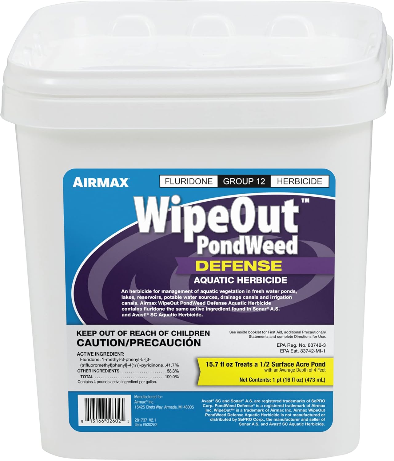 Airmax Wipeout Pond Weed Defense, Herbicide & Aquatic Weed Control, Controls Duckweed & Other Unwanted Submerged & Floating Vegetation, Easy-to-Use & Long Lasting, All-Season Treatment - 16 Ounce