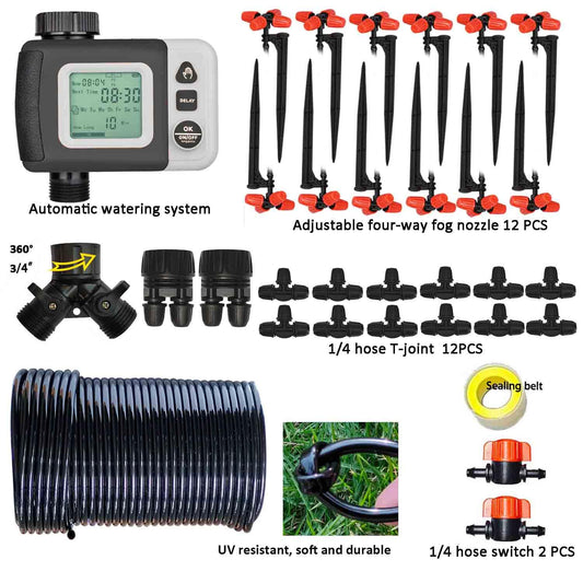 Drip Irrigation Kit Automatic Watering System with Water Timer 64FT 1/4 Tubing and 12 Rain Spray Watering Nozzles in 4 Directions for Potted Plants Yard Lawn Juvenile Plants Greenhouse Mist