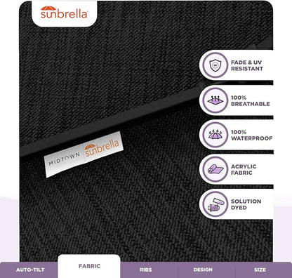 Midtown Umbrellas Sunbrella Umbrella 9 Feet Outdoor Umbrella With Spectrum Carbon Acrylic Fabric - Auto-Tilt Aluminum Frame Patio Umbrella For Backyard, Deck, Garden, Pool - Black Pole