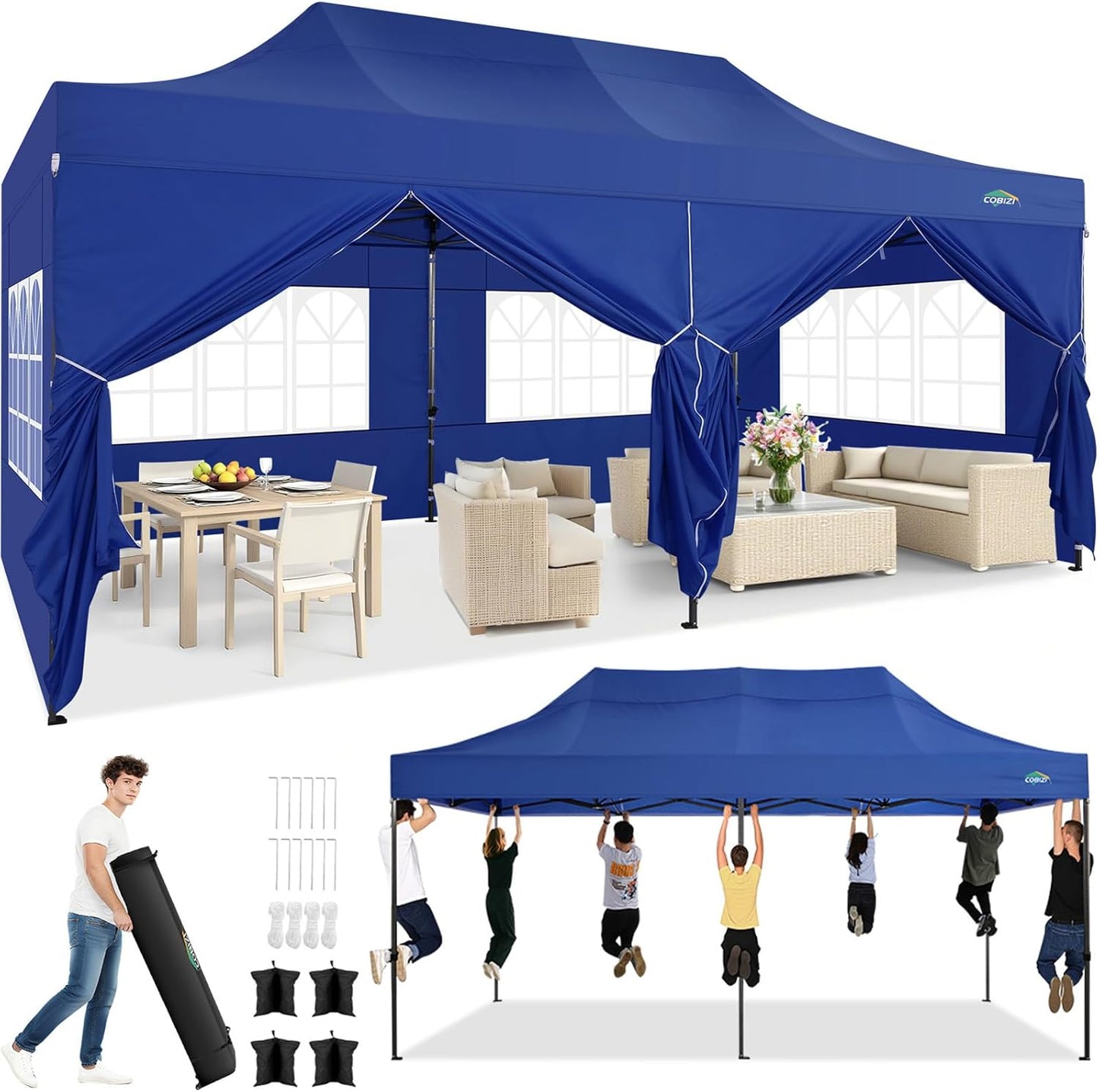 COBIZI 10x20 Pop up Canopy Tent Heavy Duty with 6 Sidewalls, Easy Set-up Commercial Outdoor Party Tent, 100% Waterproof Wedding Gazebo, 3 Height Adjustable with Wheeled Bag, Dark Blue