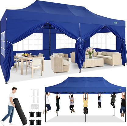 COBIZI 10x20 Pop up Canopy Tent Heavy Duty with 6 Sidewalls, Easy Set-up Commercial Outdoor Party Tent, 100% Waterproof Wedding Gazebo, 3 Height Adjustable with Wheeled Bag, Dark Blue