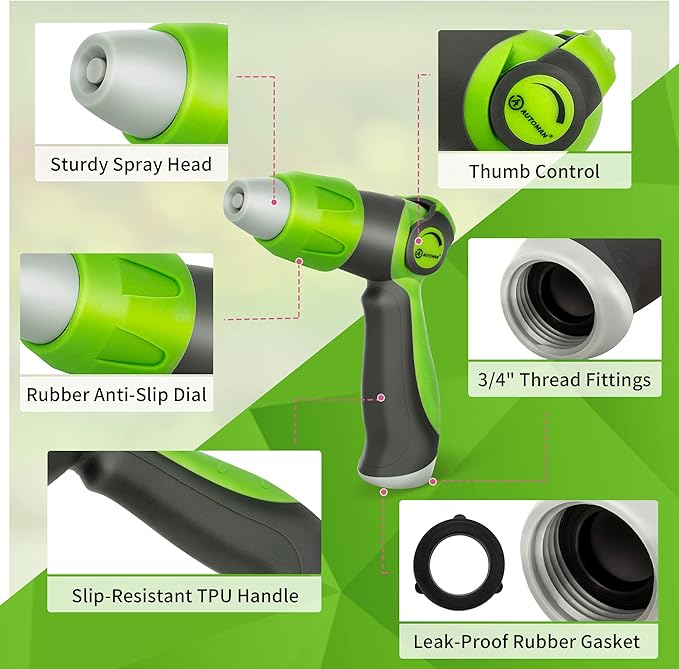 AUTOMAN Garden Hose Nozzle - 2 Pack, Thumb Control Sprayer, Slip-Resistant Water Nozzle, Extra 4 Washers, for Watering Plants Lawn & Garden, Cleaning, Washing Car, Showering Pets