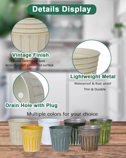 vensovo 6 Inch Grey Green Metal Rustic Flower Pots - 6Pcs Medium Galvanized Planters with Drainage Hole and Rubber Plug, Rustproof Metal Bucket Plant Pots Farmhouse Vintage Style for Decor