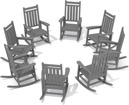 SERWALL HDPE Outdoor Rocking Chair Set of 8, Patio Rocking Chairs for Adults, All Weather Outdoor Rockers for Lawn, Grey