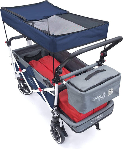 Creative Outdoor Wagon for Kids Push Pull Collapsible Stroller with Canopy Folding Cart for Beach, Park, Garden & Tailgate (Navy Blue & Grey)